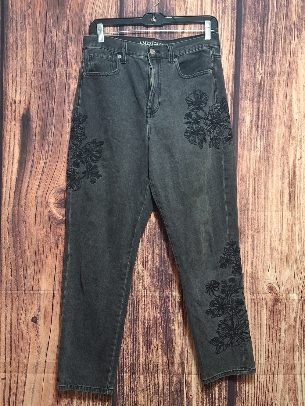 American Eagle Outfitters Black Washed Jeans with Black Floral Embroidery Size 8